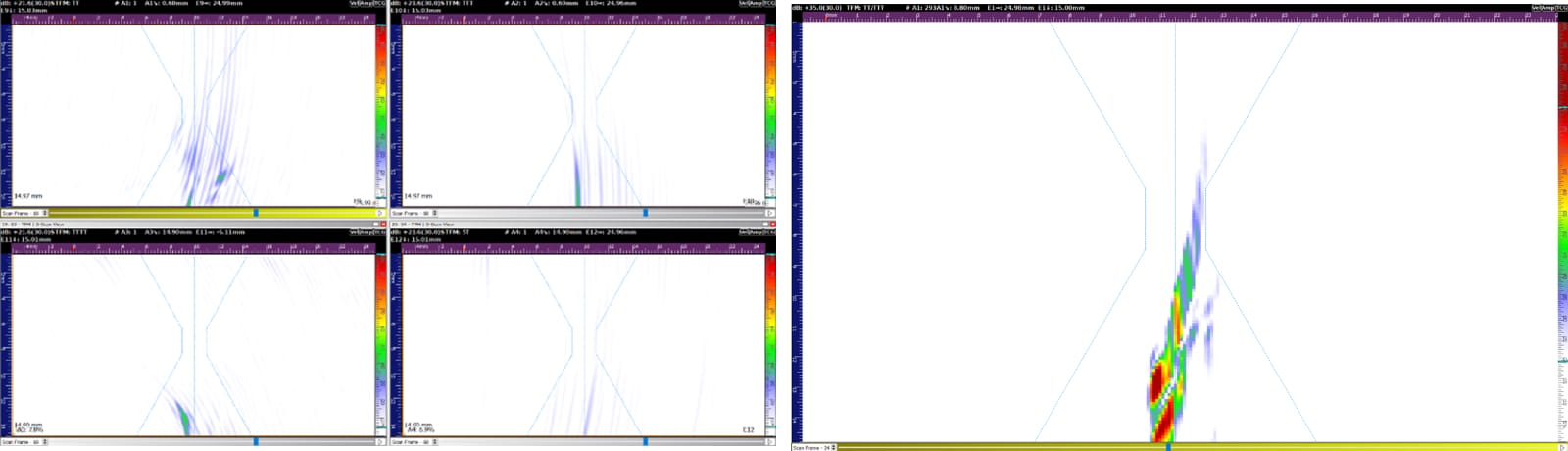 Fig. 13 – Centre line crack detection as seen in 4 x TFM modes (Left) and TFMi modes TT and TTT (Right)