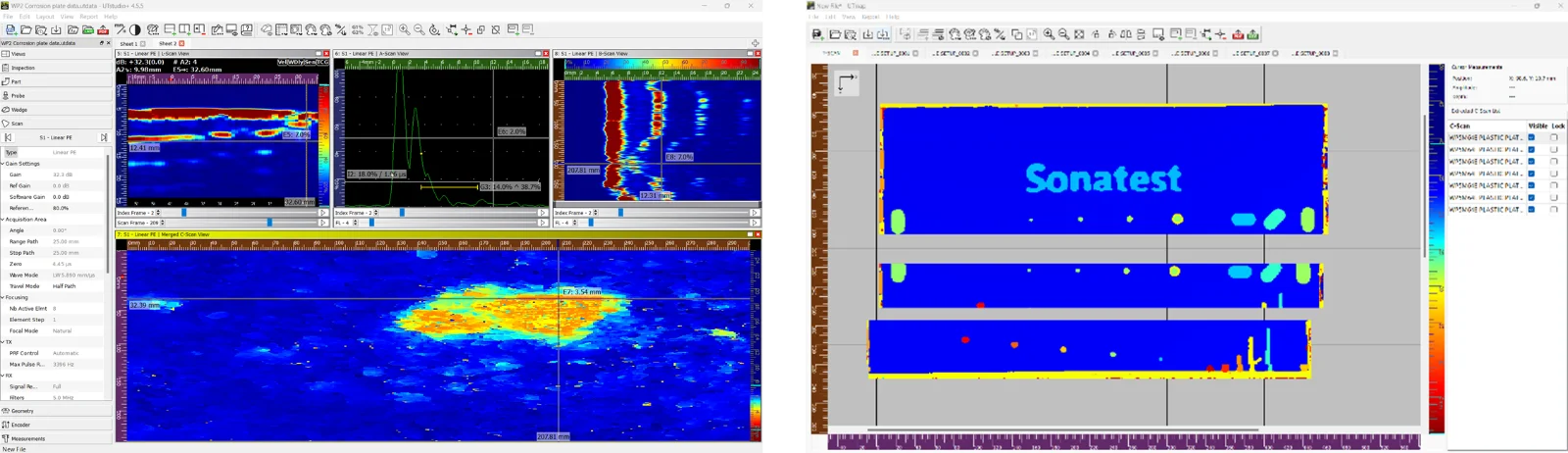 Fig. 4 - UTStudio+ (Left) and UTMap (Right) merged C-Scan data review