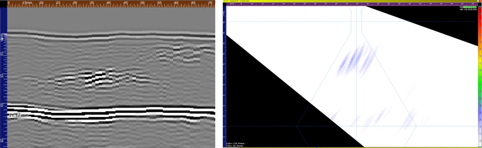 Fig. 6 – Porosity detection as seen using TOFD (Left) and PA (Right) on the VEO3