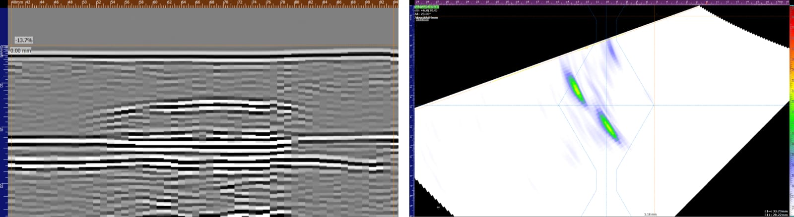Fig. 12 – Centre line crack detection as seen using TOFD (Left) and PA (Right) on the VEO3