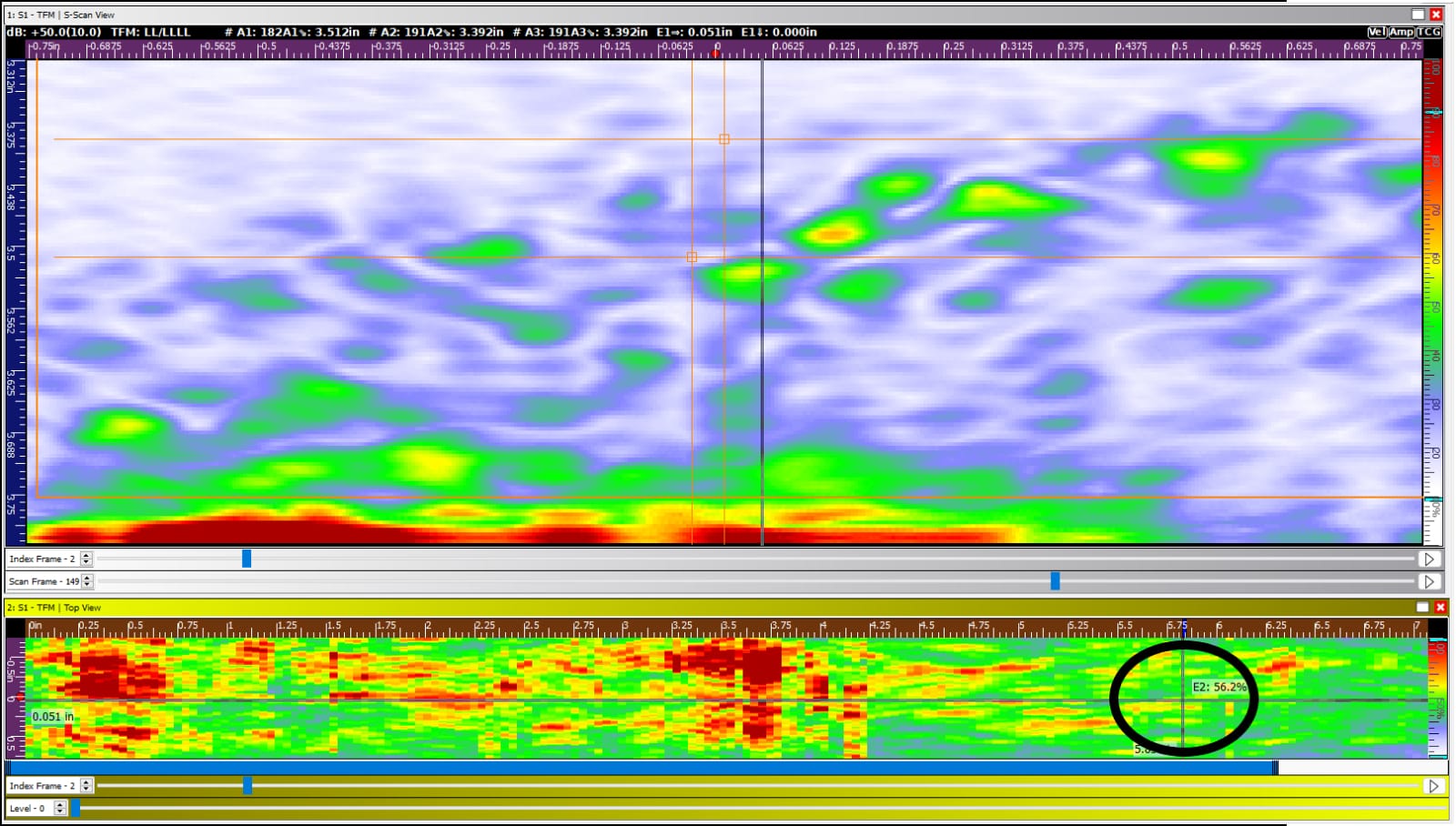 This could be considered a Stage 2 HTHA example. Fewer indications at a lower amplitude compared to Stage 3.