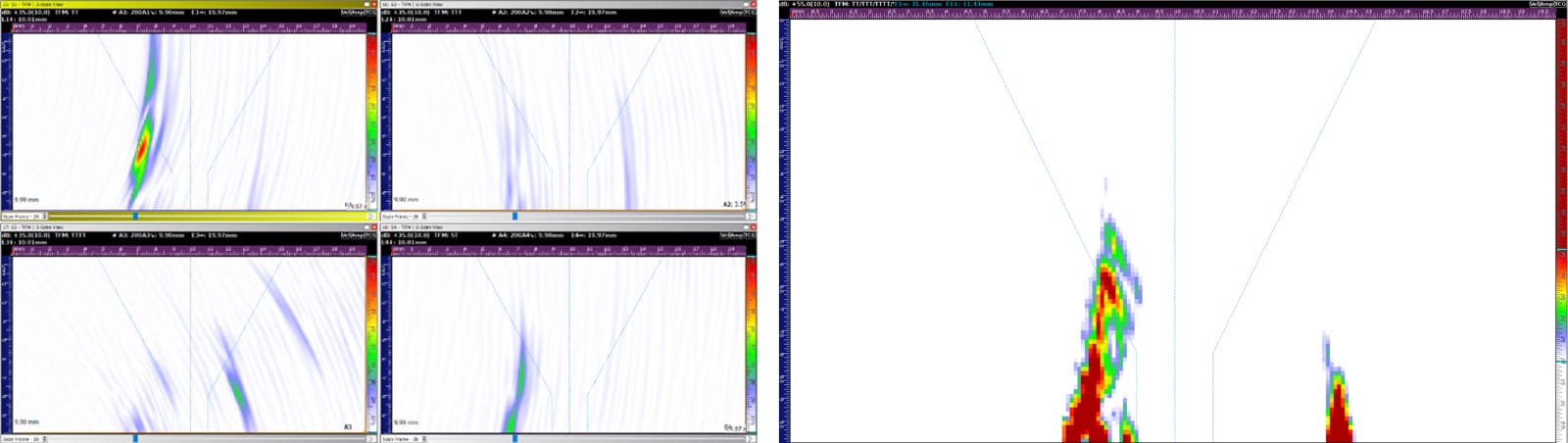 Fig. 4 – Root crack detection as seen in 4 x TFM modes (Left) and TFMi modes TT, TTT and TTTT (Right)