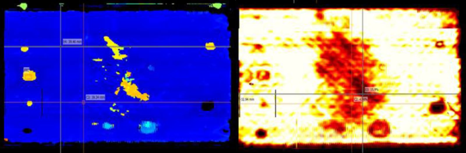 Fig. 9 - Wheel probe merged C-Scan showing depth view (left) and Amplitude view (right) of a simulated impact damage plate
