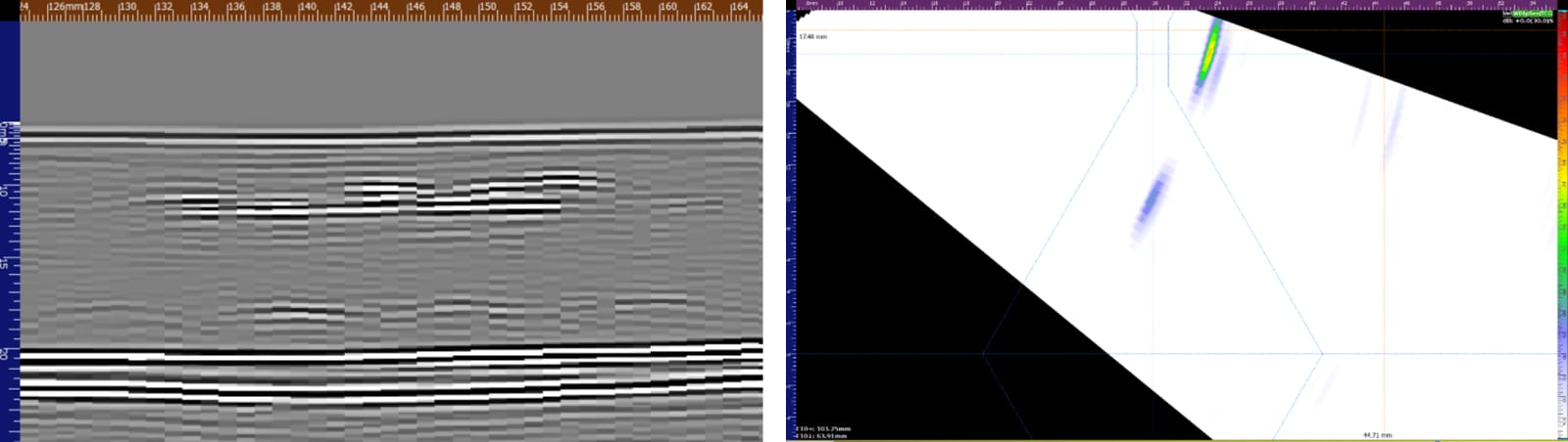 Fig. 3 – Slag inclusion detection as seen using TOFD (Left) and PA (Right) on the VEO3