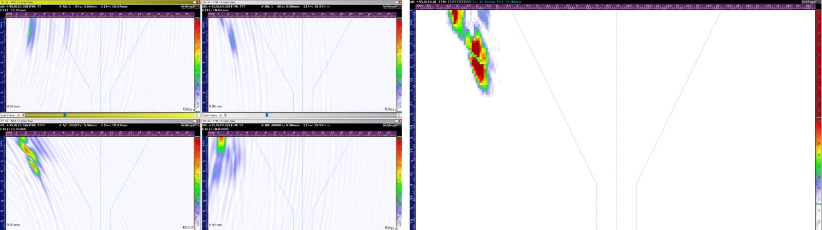 Fig. 10 - Toe crack detection as seen in 4 x TFM modes (Left) and TFMi modes TT, TTT, TTTT and 5T (Right)