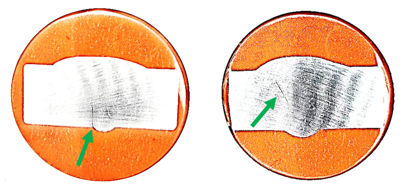Fig. 1 – Lack of root fusion (Left) and lack of side wall fusion (Right). Images of weld macros, supplied by Sonaspection
