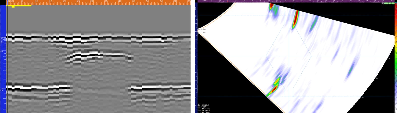 Fig. 3 – Root crack detection as seen using TOFD (Left) and PA (Right) on the VEO3