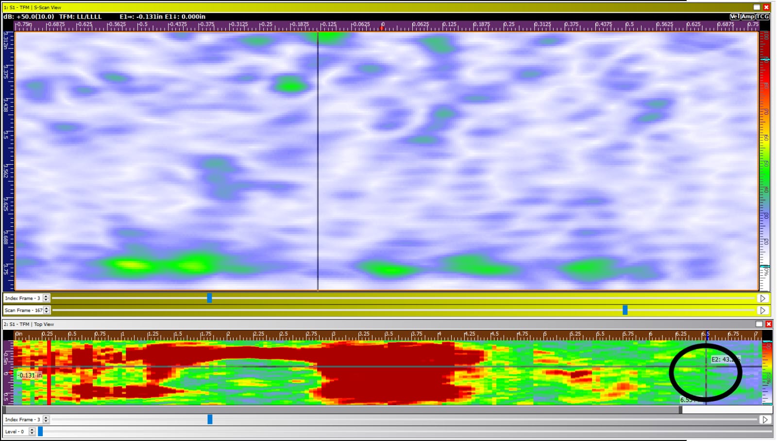 This area on the authentic sample may be considered Stage 1, with very small, low amplitude reflections. With proper calibration and reference levels, the inspector could use TFMi to locate HTHA in this stage, before the damage becomes catastrophic.