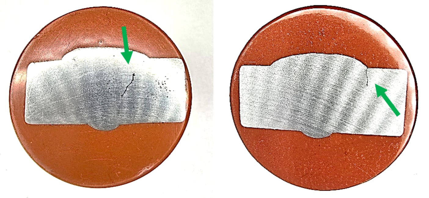 Fig. 1 – SW crack (Left) and Toe crack (Right). Images of weld macros, supplied by Sonaspection