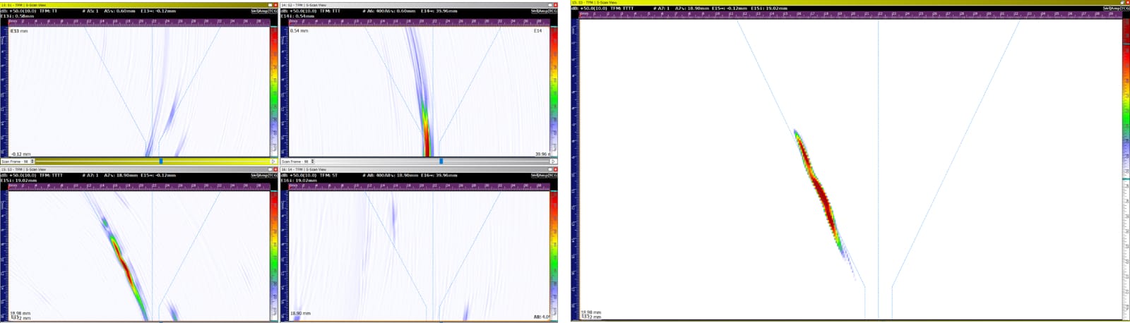 Fig. 4 – LOSWF on TFM (Left) TFM TTTT enhanced image (Right)