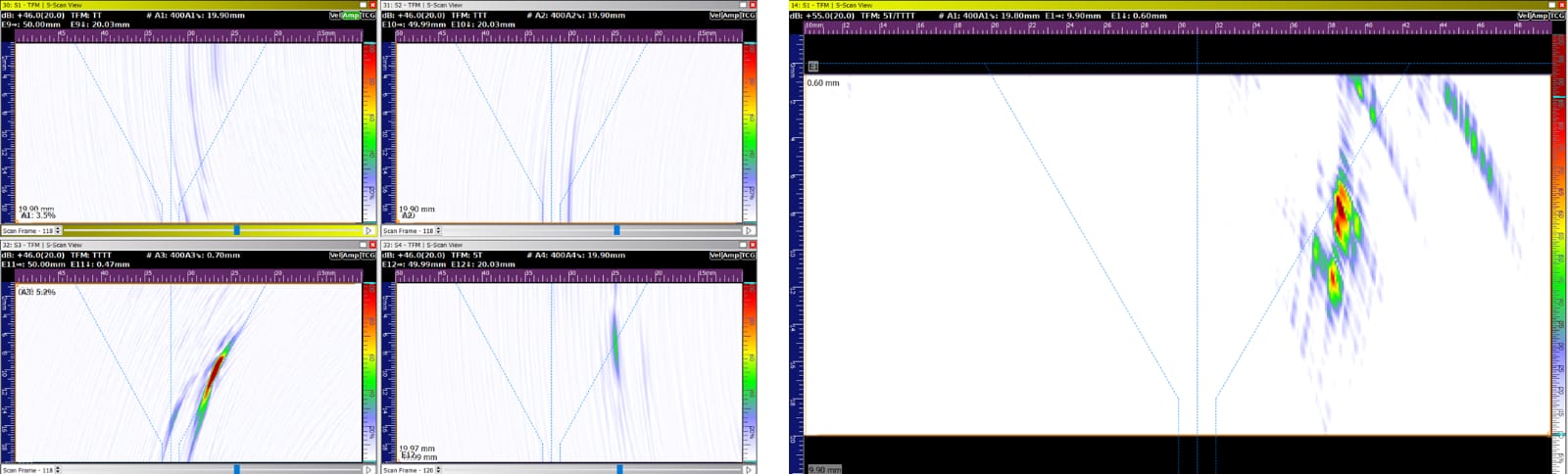 Fig. 7 – Side wall crack detection as seen in 4 x TFM modes (Left) and TFMi modes TTTT and 5T (Right)