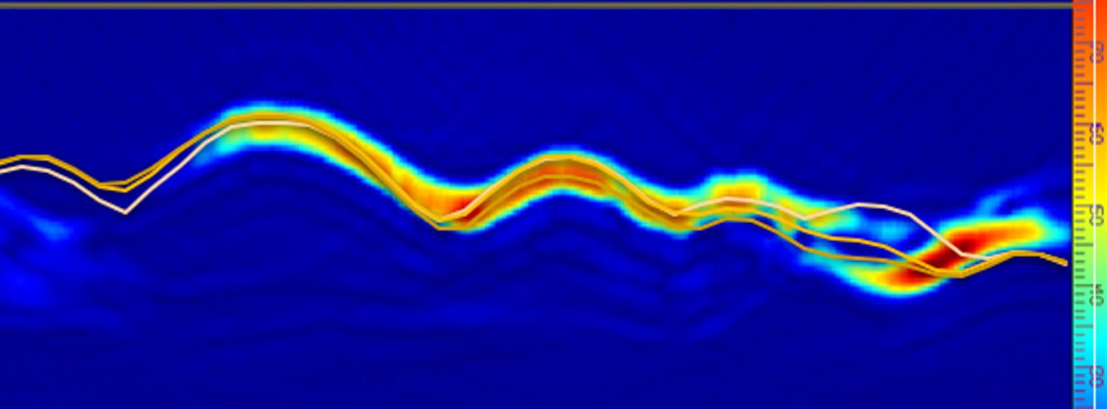 Fig. 6 - TFM corrosion profile (yellow lines represent the actual corrosion profile acquired via 3D scanner))