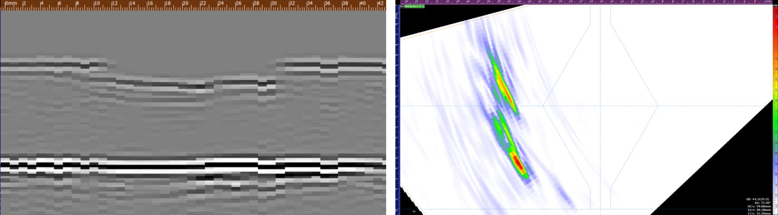 Fig. 9 – Toe crack detection as seen using TOFD (Left) and PA (Right) on the VEO3