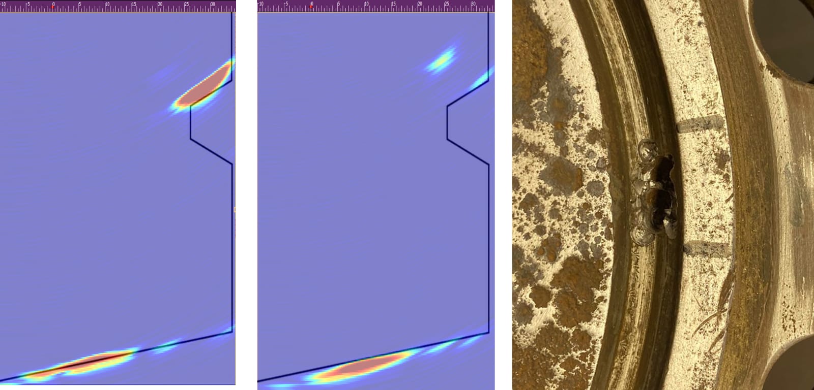 Fig. 7 - TFM images showing no defect (left) corrosion defect (middle) and defect image (right)