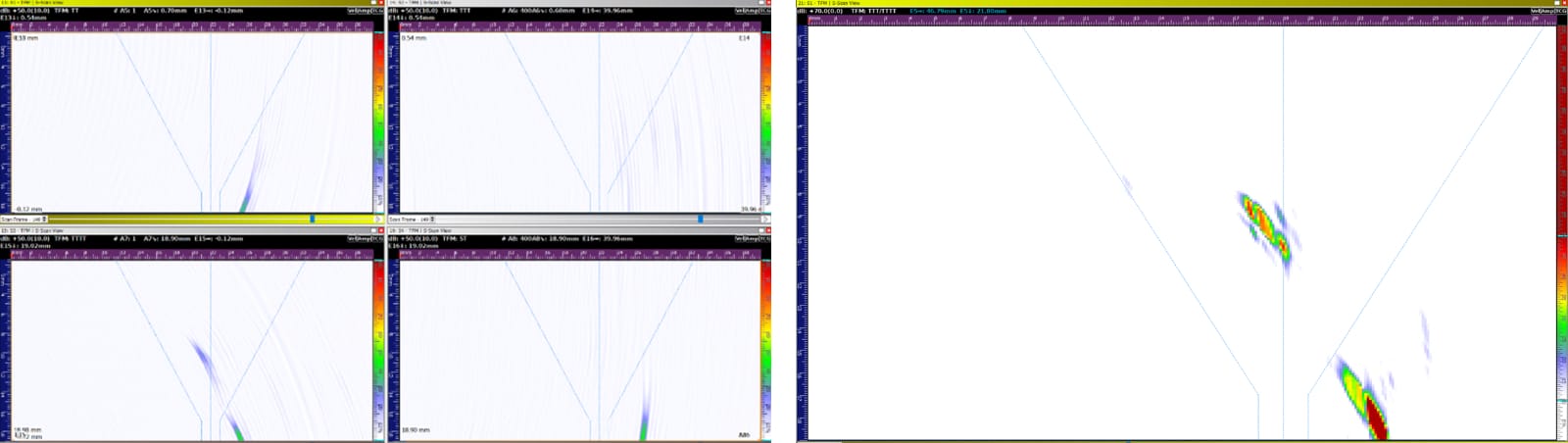 Fig. 4 – Slag inclusion detection as seen in 4 x TFM modes (Left) and TFMi modes TTT and TTTT (Right)