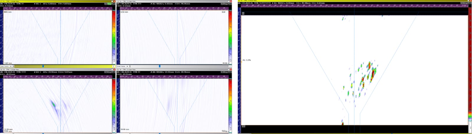 Fig. 7 – Porosity detection as seen in 4 x TFM modes (Left) and TFMi modes TTT, TTTT and 5T (Right)