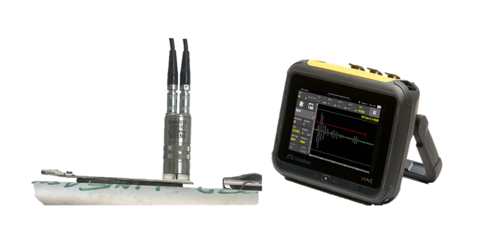 Sonatest Wave with dual crystal setup checking a bonding coupon
