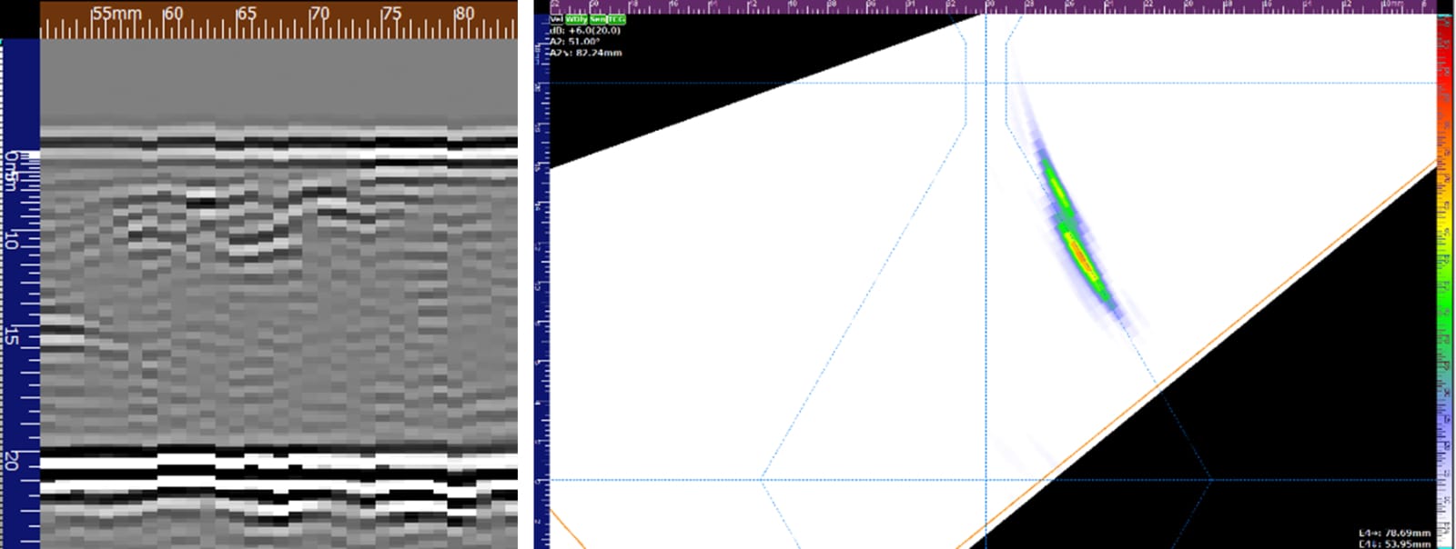 Fig. 6 – Side wall crack detection as seen using TOFD (Left) and PA (Right) on the VEO3