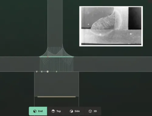Fig. 1 - XEO scan plan (left) for detection of the unfused land in a T-Joint as highlighted (above)
